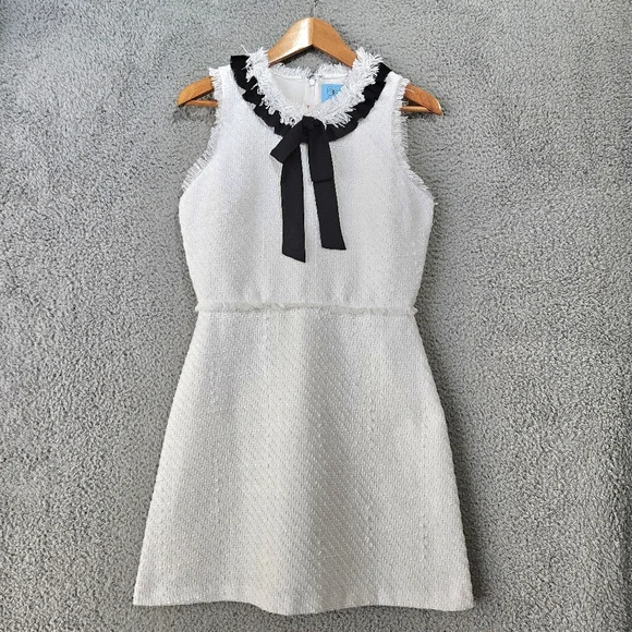 CeCe White Mini Dress Sz 6 M Tweed Sleeveless Black Bow Neck Tie Graduation - Picture 2 of 13